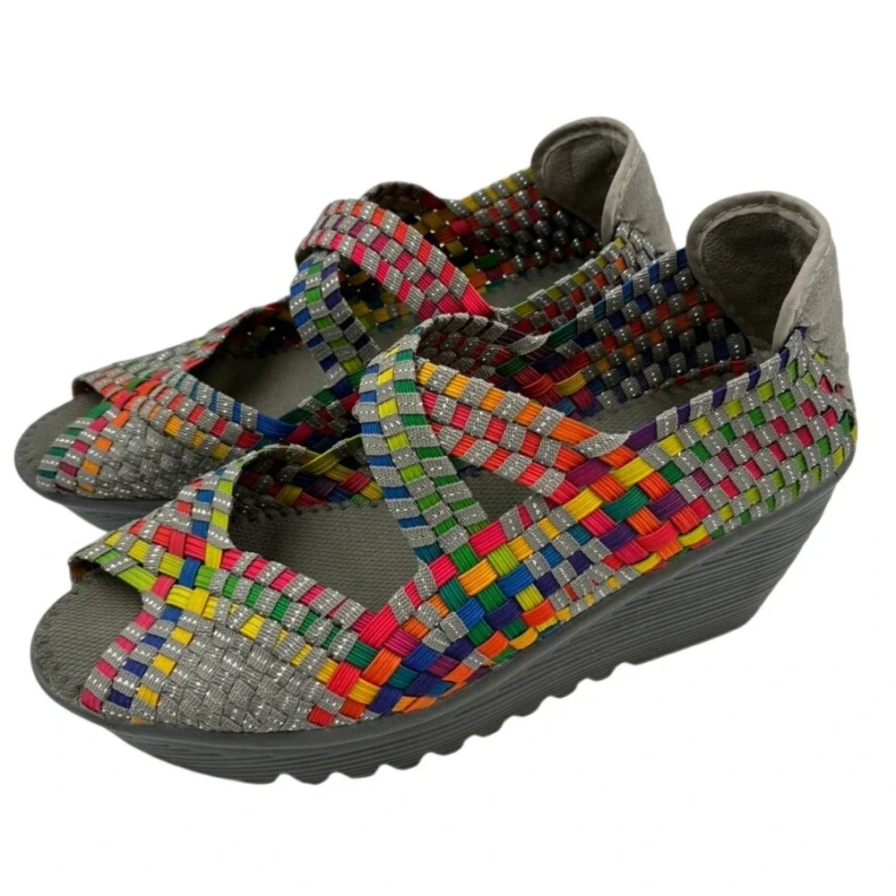 Bernie Mev Comfi Mary Jane 38/US 7 Rainbow Woven Wedge Sandals‎ Peep Toe Elastic